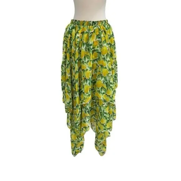 Sakkas Women's Maxi Skirt Lemon Print Tiered Asymmetrical Chiffon One Size Flowy - Picture 5 of 8